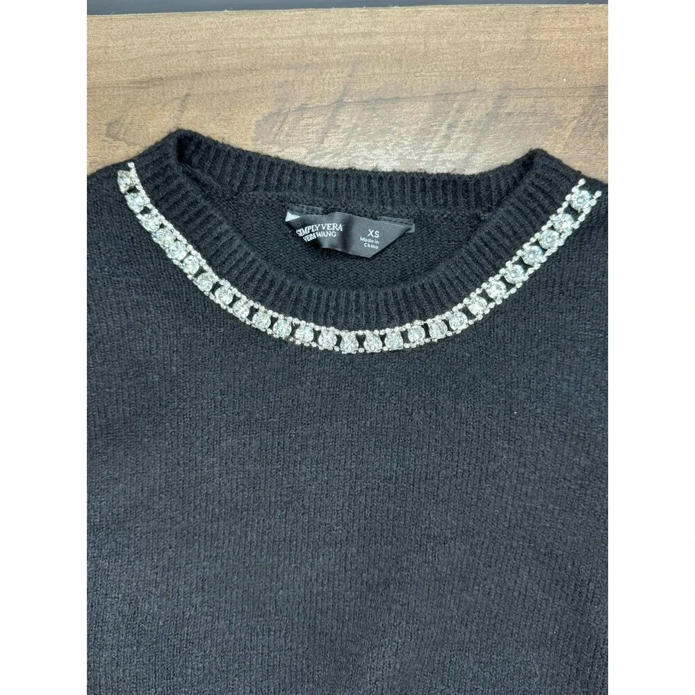 Simply Vera Wang Sweater XS Black Knit Necklace Sweater Diamonds Holiday Women's